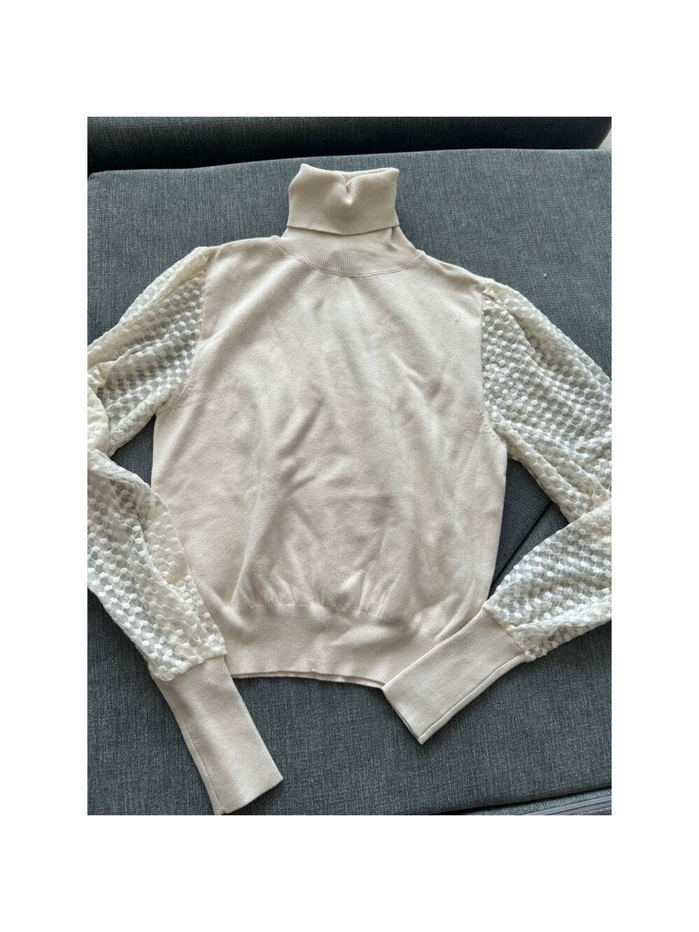 Zara Cream Turtleneck Mesh Sleeve Sweater Small